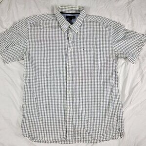 Tommy Hilfiger Mens XL White Checkered Short Sleeve Shirt Casual Party Outdoors